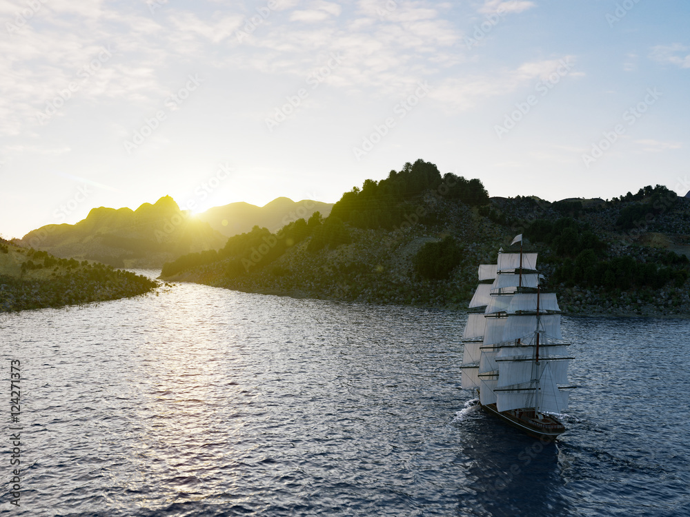 Ship sailing in rough seas close up on sunset background