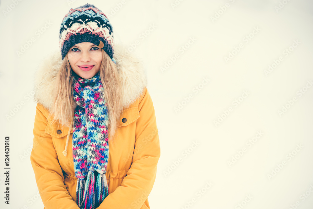 Young Woman happy smiling outdoor wearing hat and scarf enjoy winter snow Travel Fashion Lifestyle