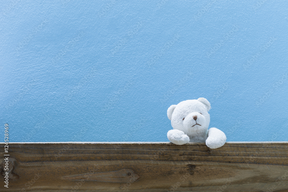 teddy bear on old wood blue wall background.