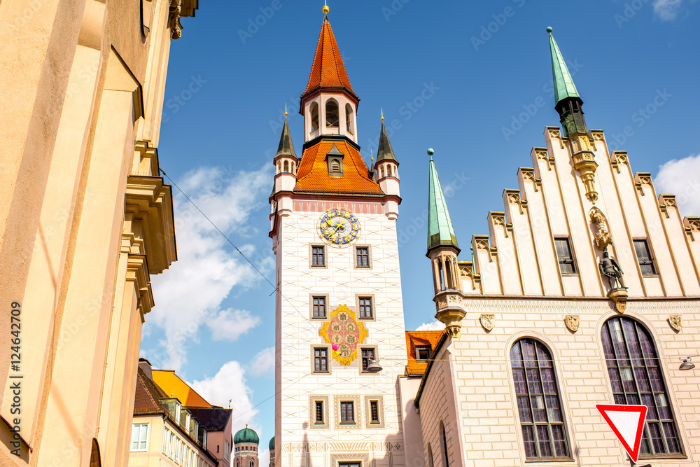 View on the clock tower of the old town hall on Marys square in Munich