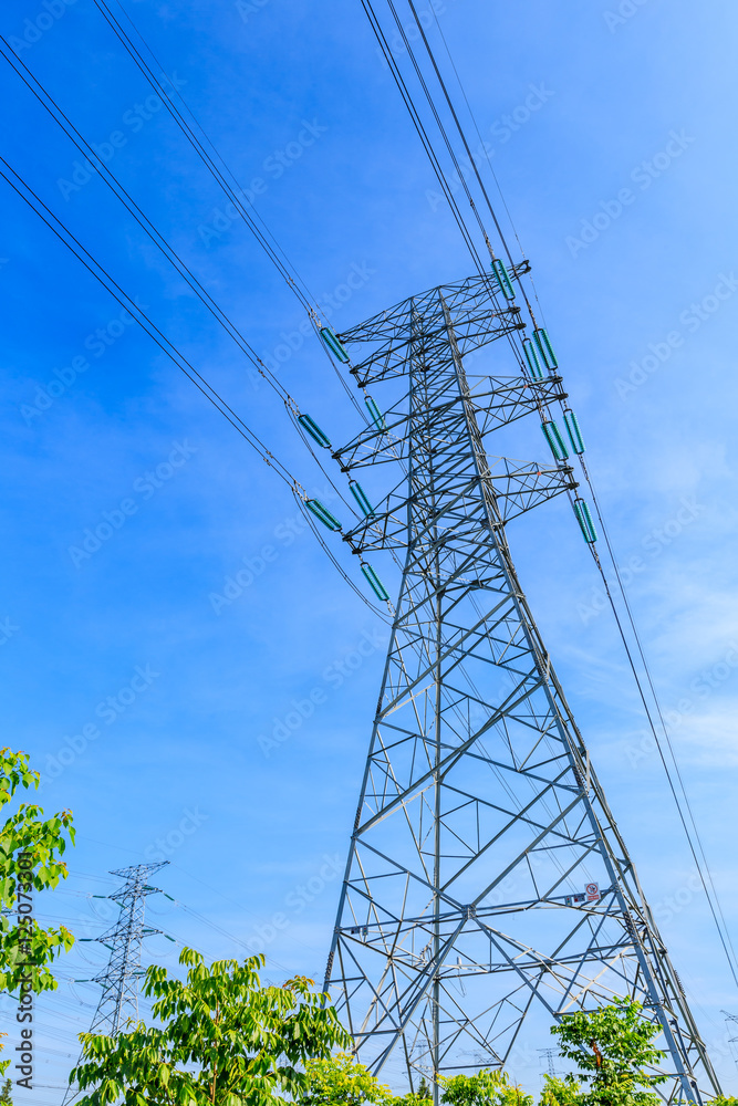 High voltage power tower scenery during the day