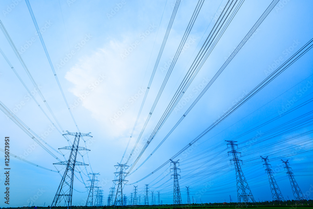 High voltage power tower beautiful scenery at dusk