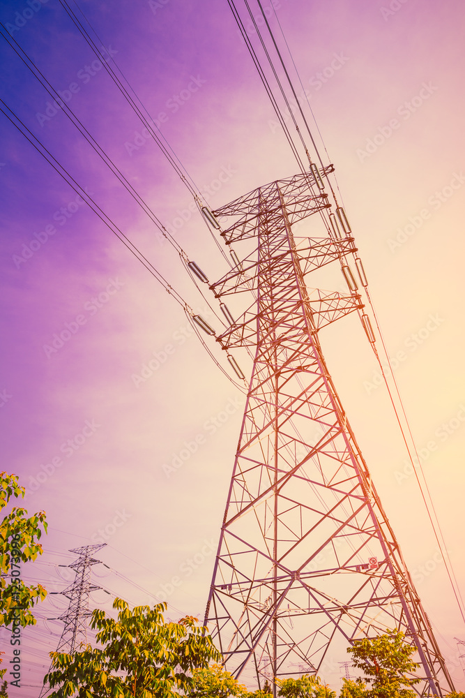 High voltage power tower beautiful scenery at dusk