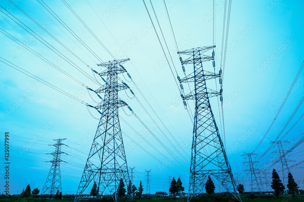 High voltage power tower beautiful scenery at dusk