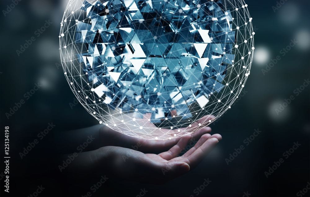 Businessman touching flying abstract sphere with shiny cube 3D r