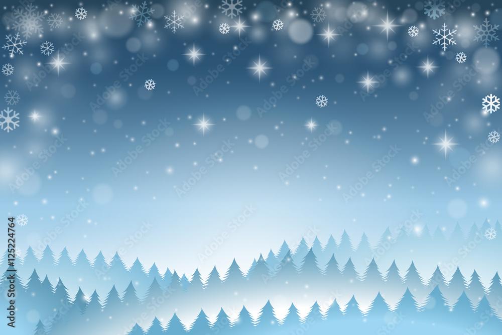 Blue winter background with falling snowflakes and pine trees