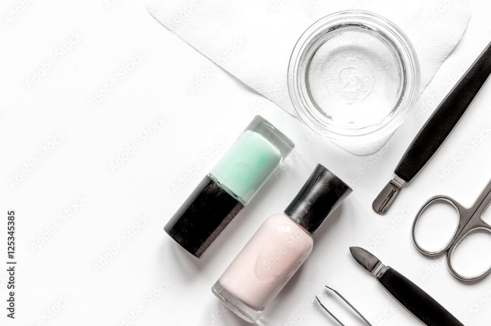 French manicure - preparing tools on white backround top view