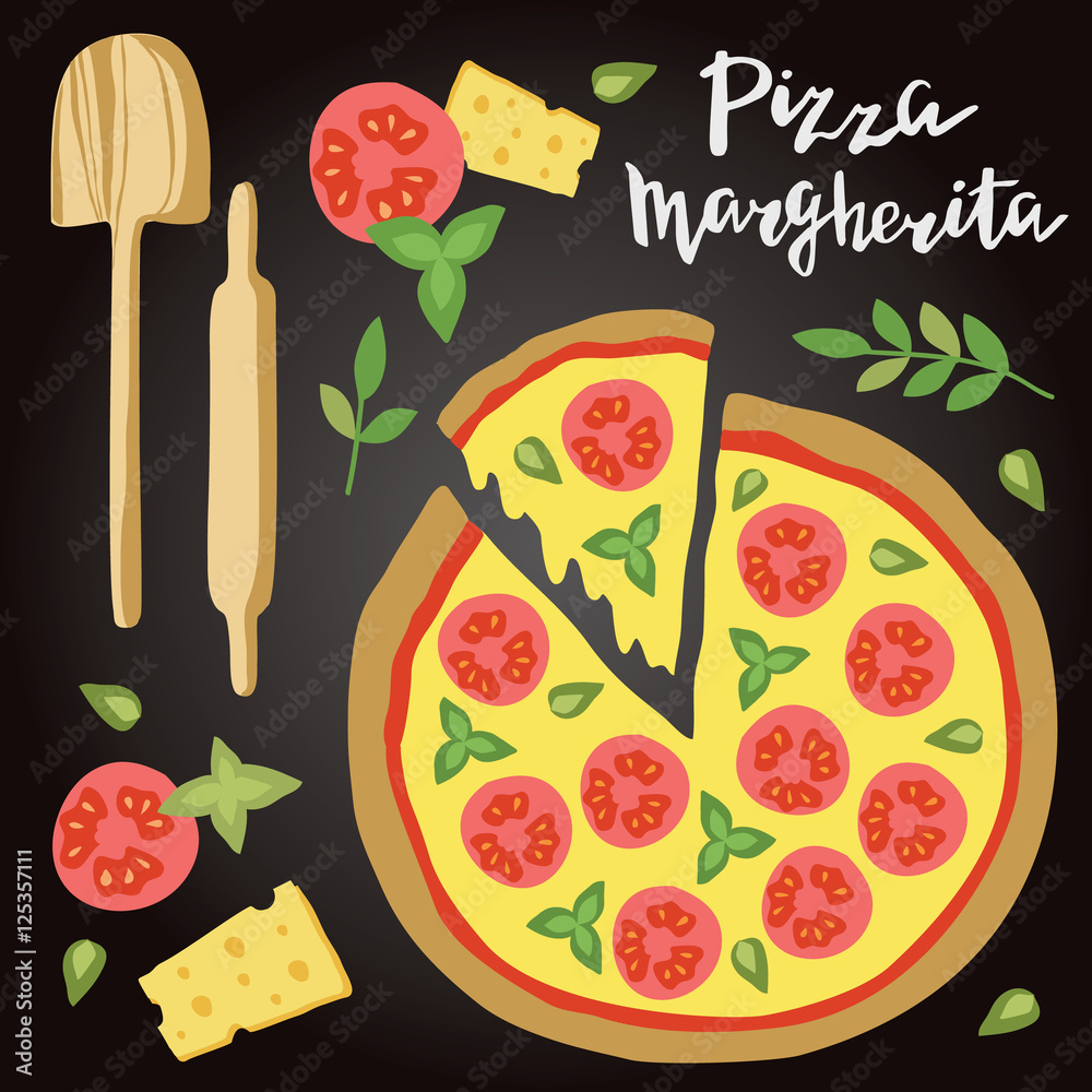 Margherita Pizza配料矢量图。