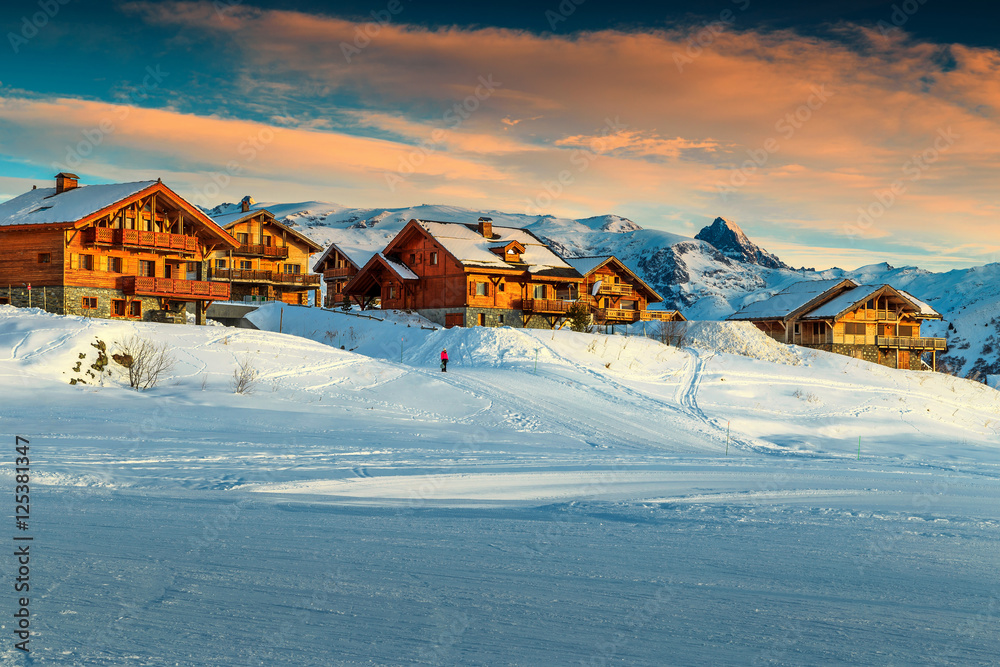 Beautiful sunset and ski resort in the French Alps,Europe