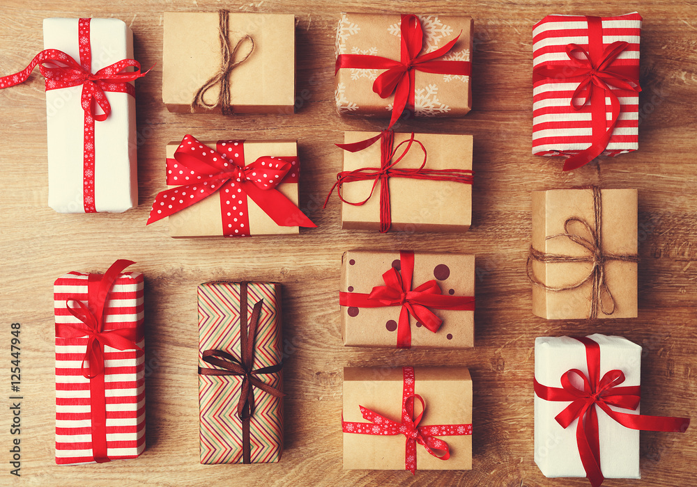 Christmas gifts presents on a wooden table