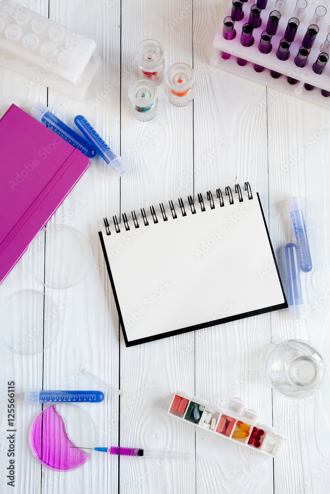 medical student working place at wooden table top view