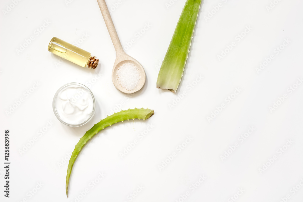 Alternative skin care aloe vera top view on white background