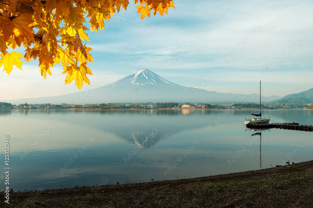 Mt fuji with autumn foliage at lake kawaguchi, Japan