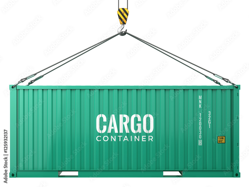 Green cargo freight shipping container isolated on white background. 3d render