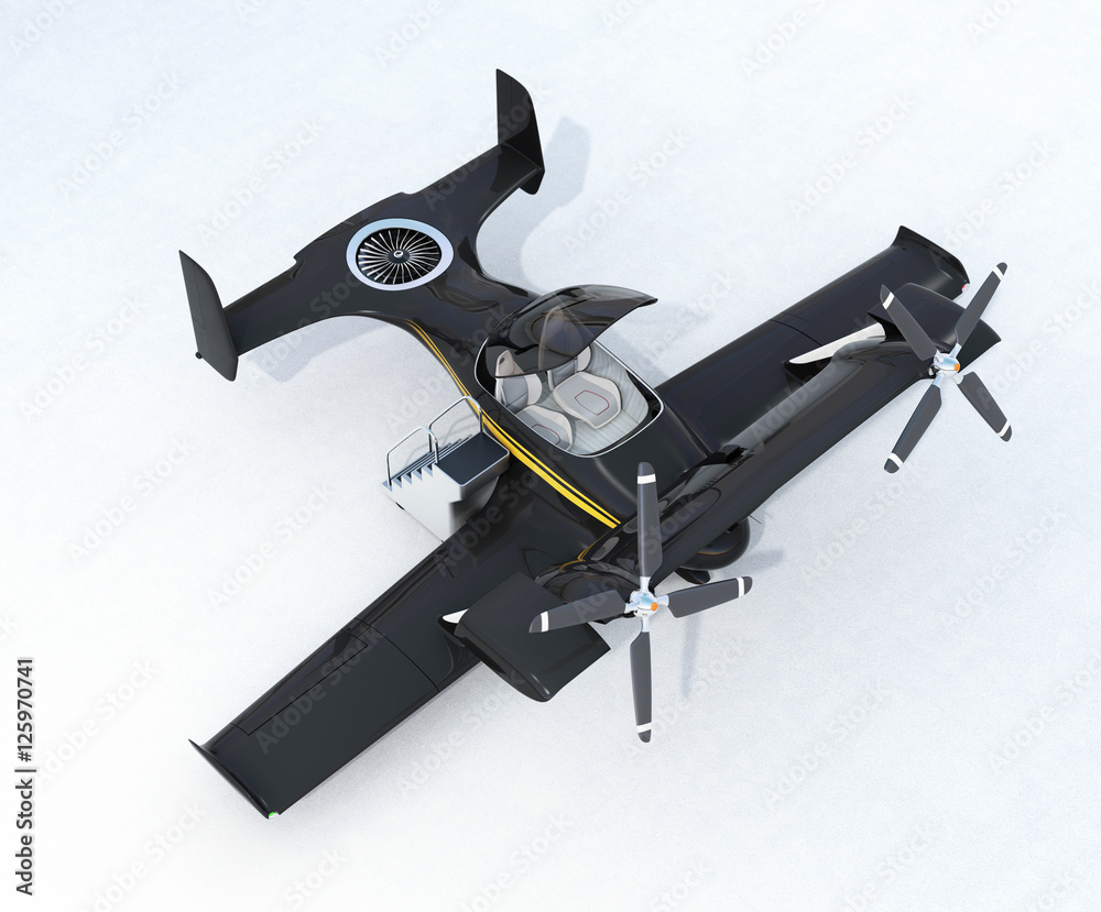 Black autonomous flying drone taxi on the ground. 3D rendering image. Original design.