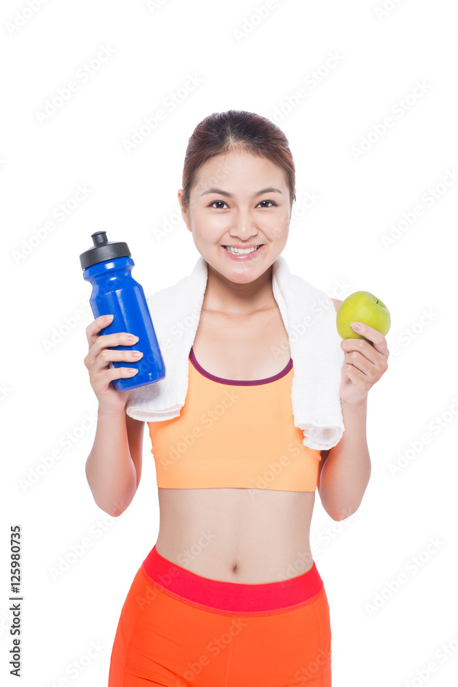 Portrait of young attractive asian woman with green apple and bo