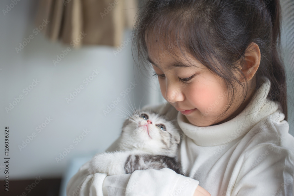 Happy little Asian girl hugging lovely scottish fold kitten