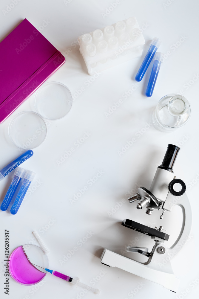 doctor workplace with microscope at lab top view