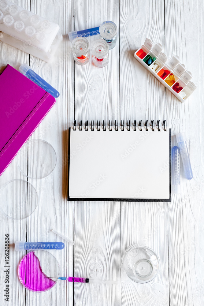 medical student working place at wooden table top view