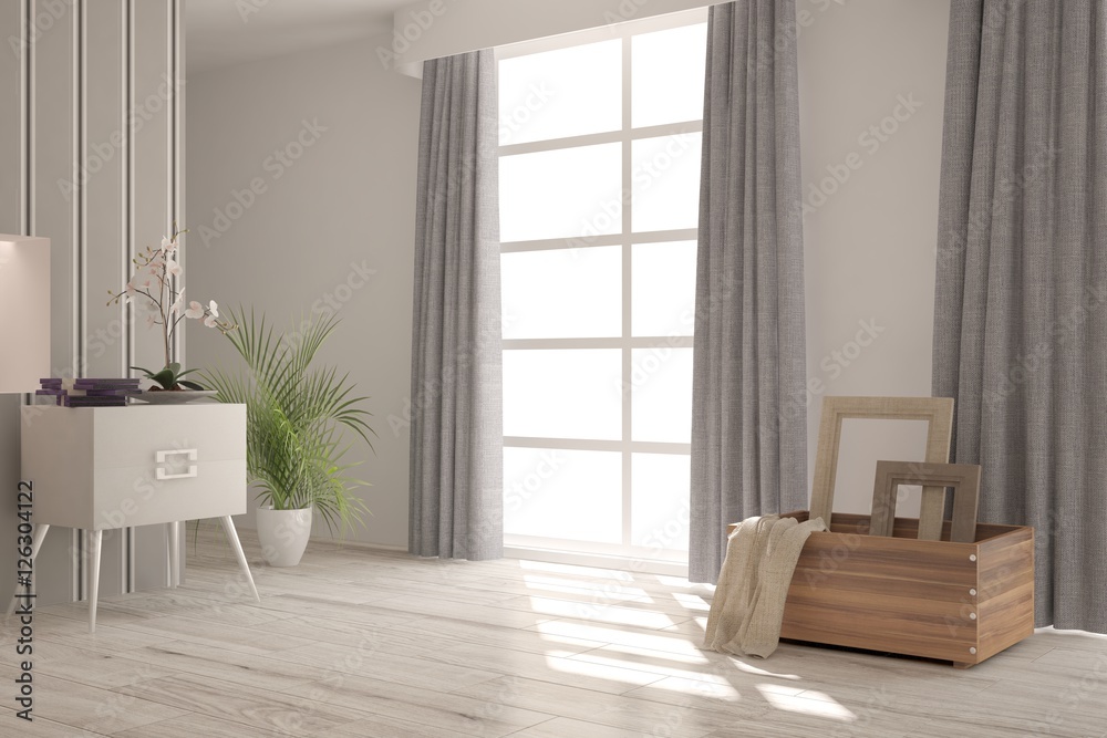 White modern room. Scandinavian interior design. 3D illustration