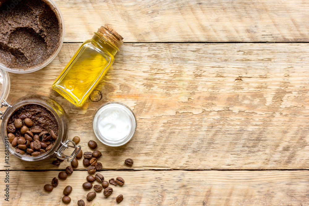 Organic cosmetics based on coffee top view wooden background