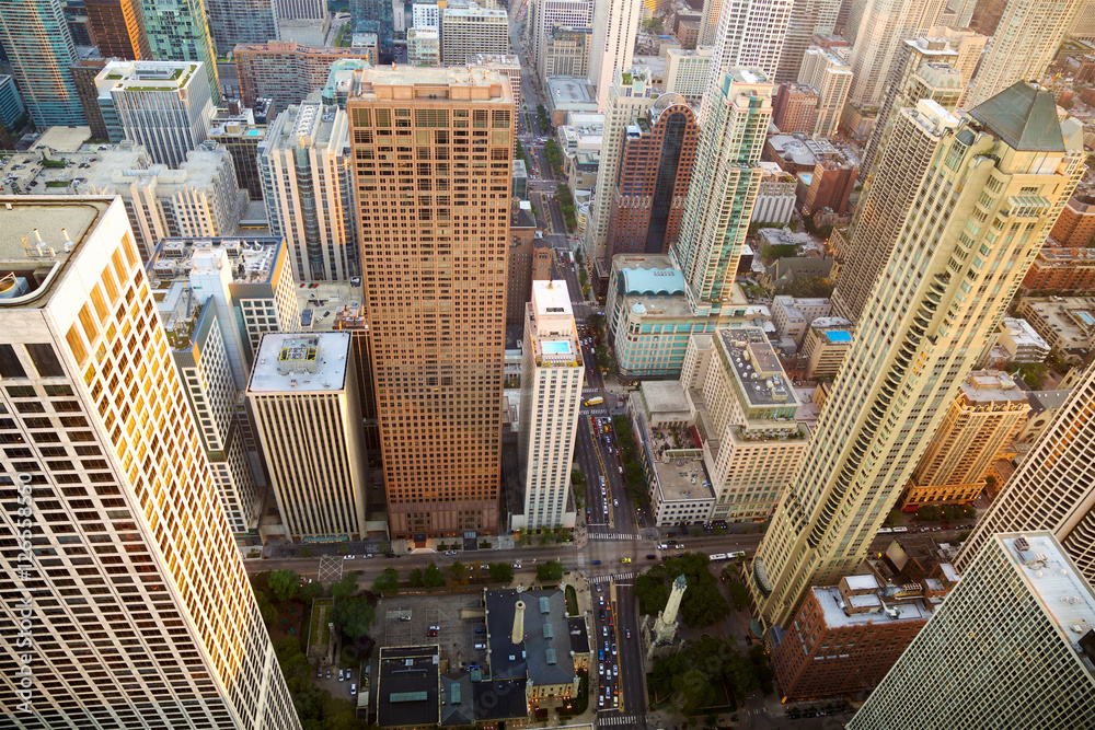 Chicago cityscape aerial view with urban skyscrapers along Magnificent Mile