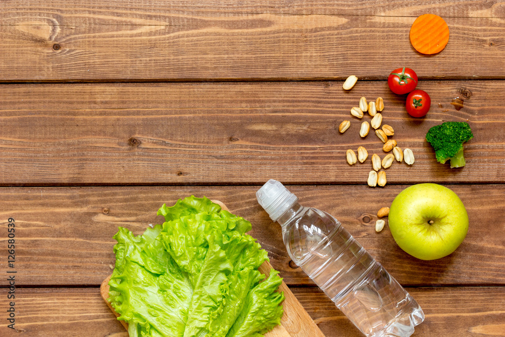 ingredients for childrens lunch on wooden background top view