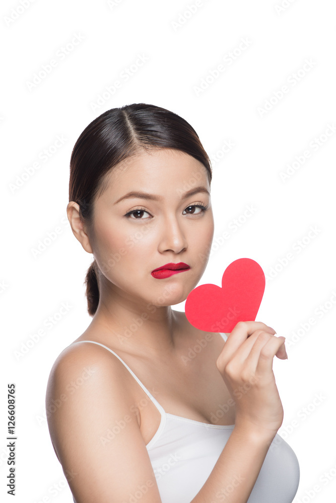 Cute attractive young woman with red heart. Valentines day art