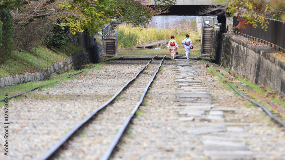 蹴上インクラインの線路と着物女性