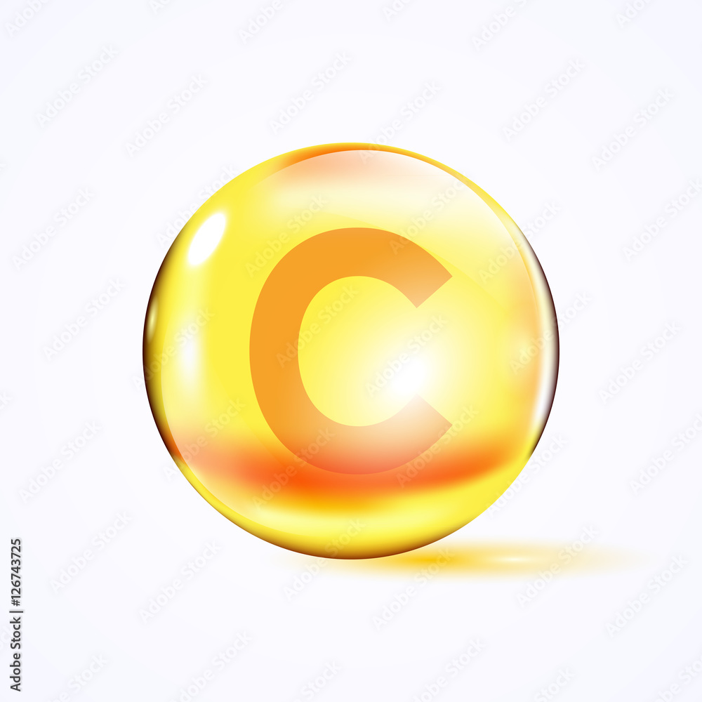 Shiny colored bowl, vitamin c, yellow capsule. Yellow bubble, realistic vector illustration