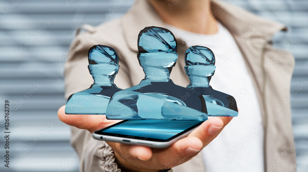 Businessman with shiny glass avatar group over phone 3D renderin