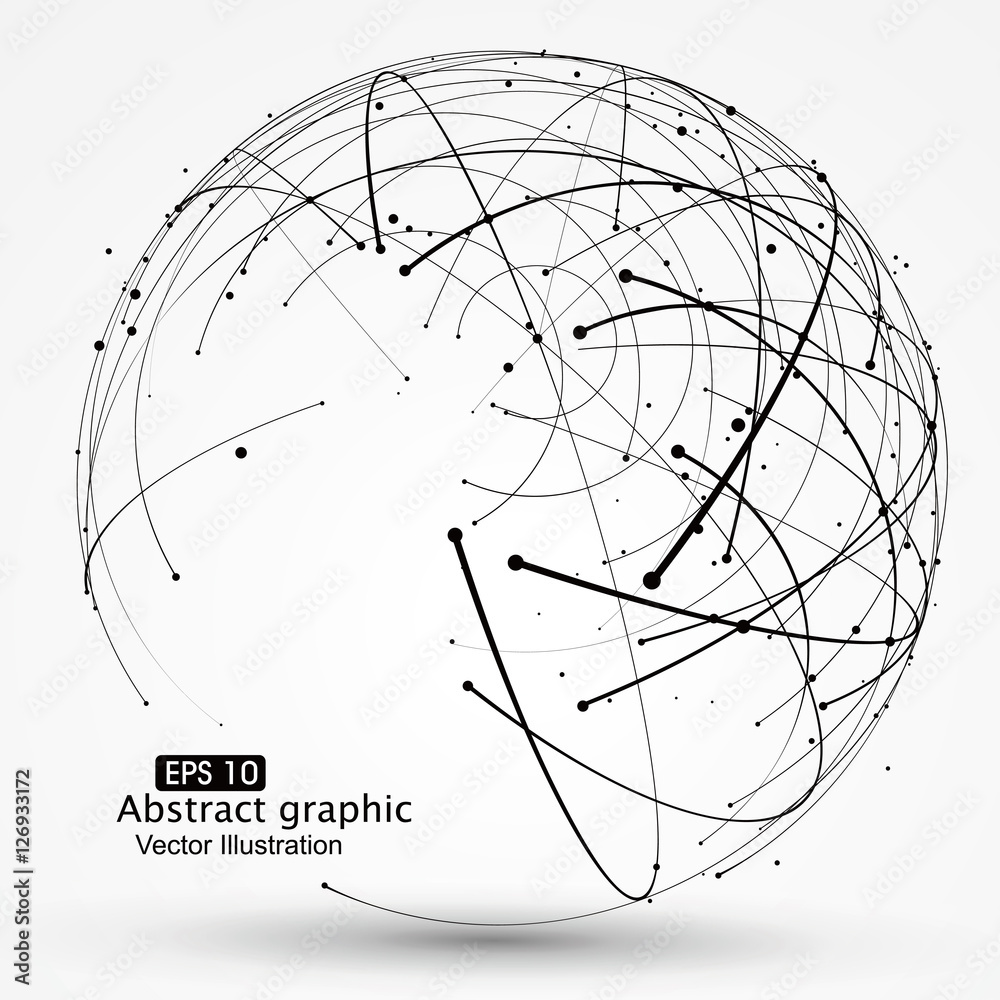 点和曲线构建了球体线框，技术感抽象插图。