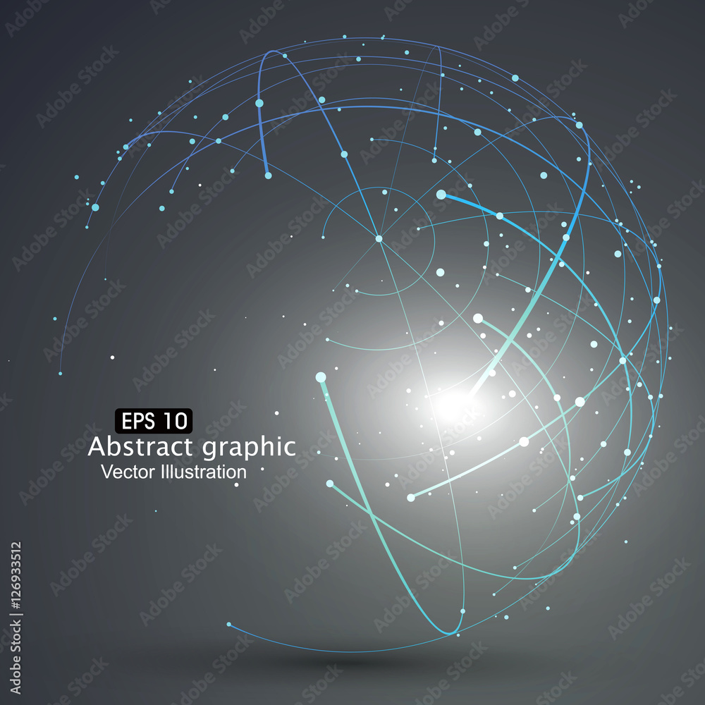 点和曲线构建了球体线框，技术感抽象插图。