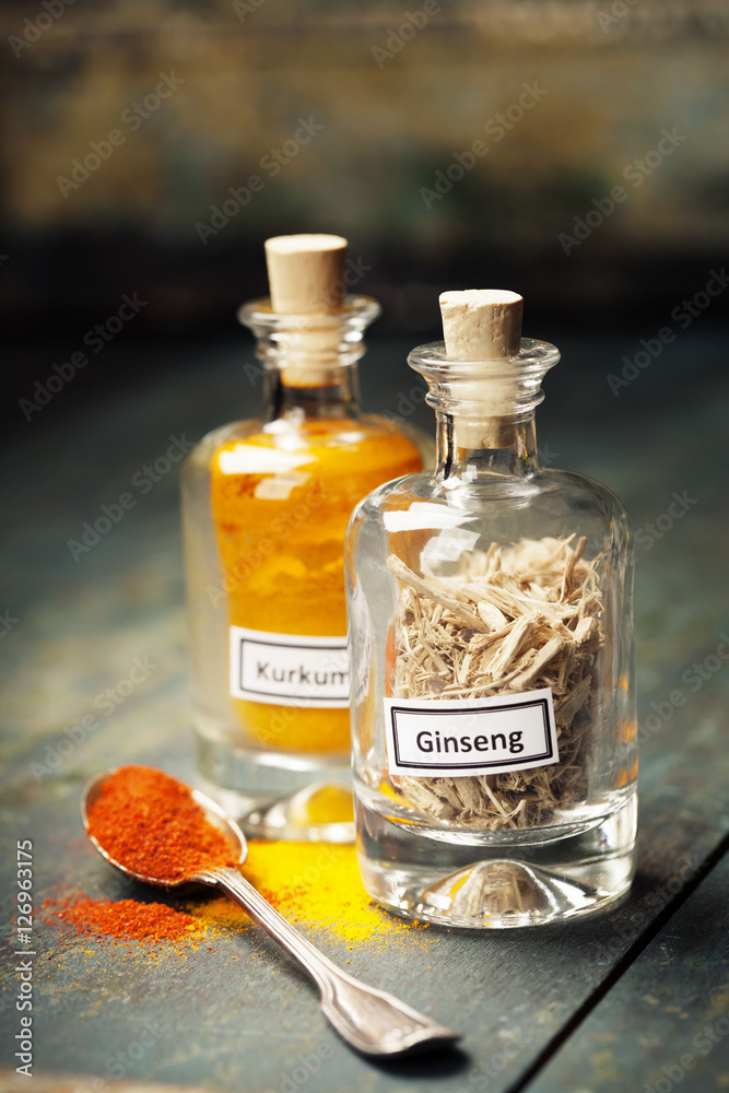 spices in bottles