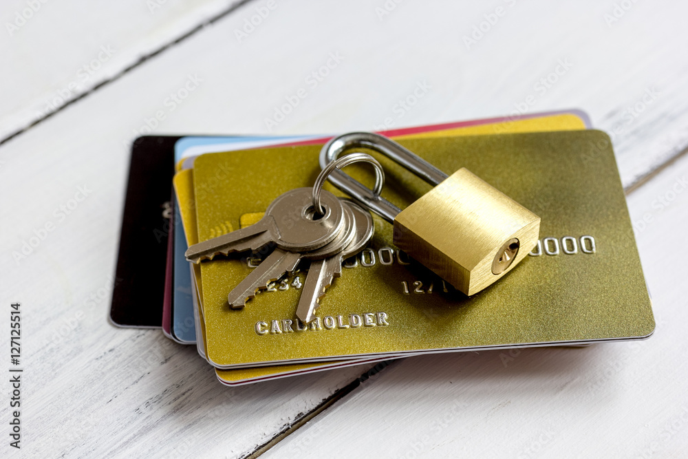 Credit cards with lock close up - online shopping