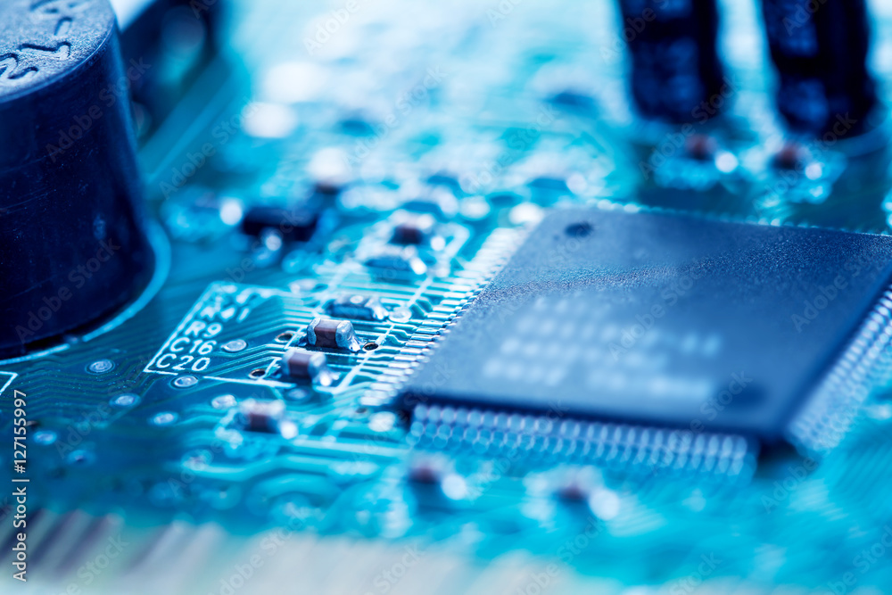 selective focus of close up computer electronic circuit board