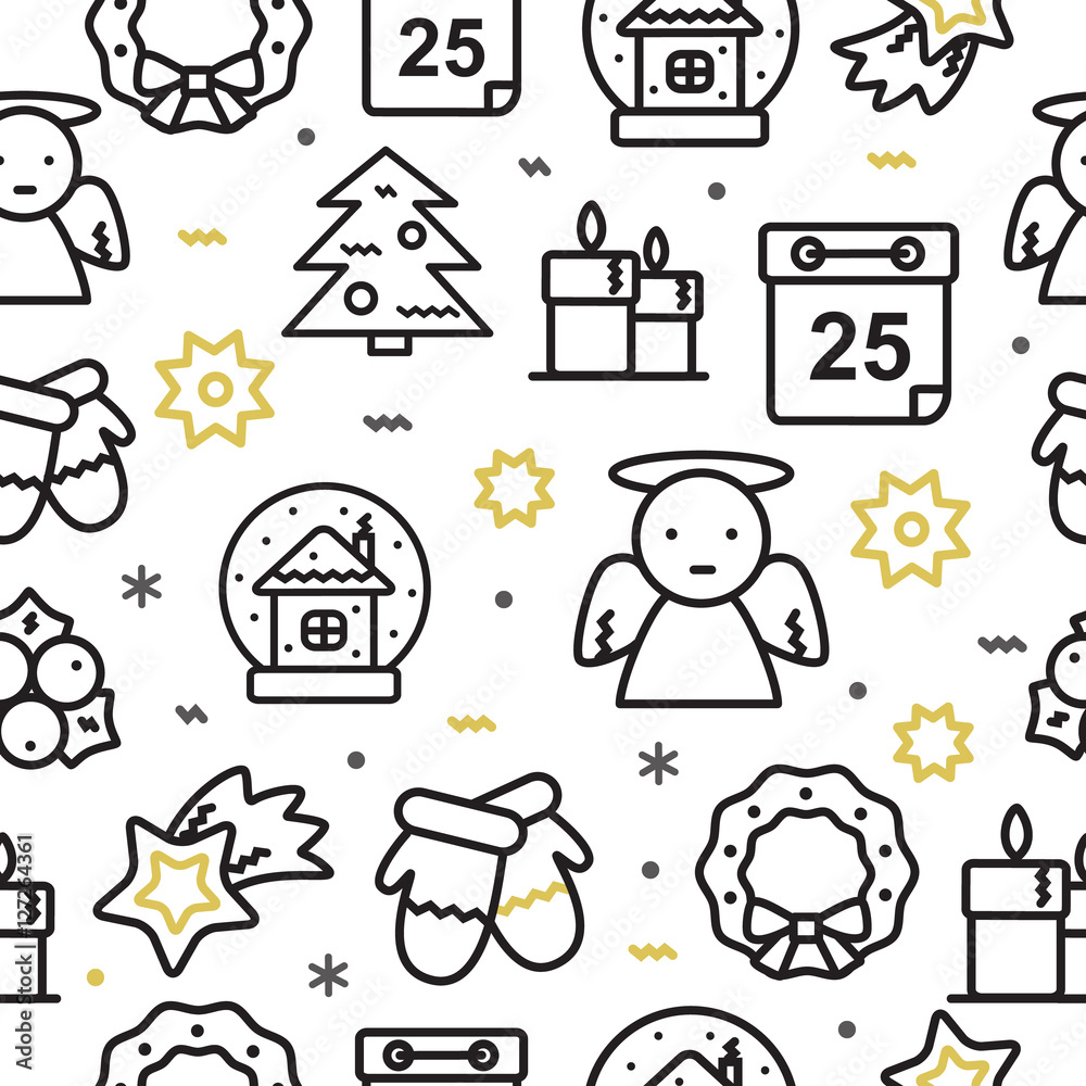 Christmas seamless pattern with line icons elements.