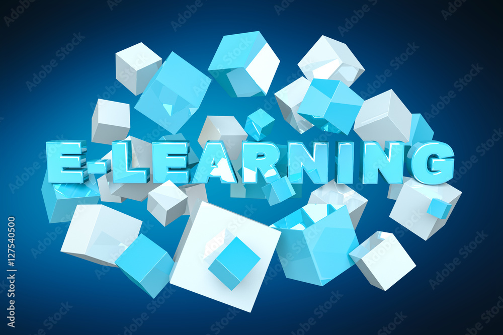 Floating 3D render e-learning presentation with cube