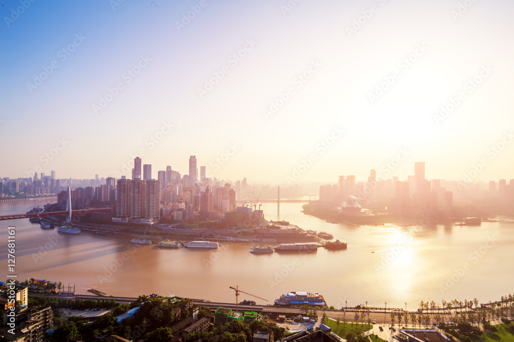 cityscape and skyline of chongqing new city at sunrise