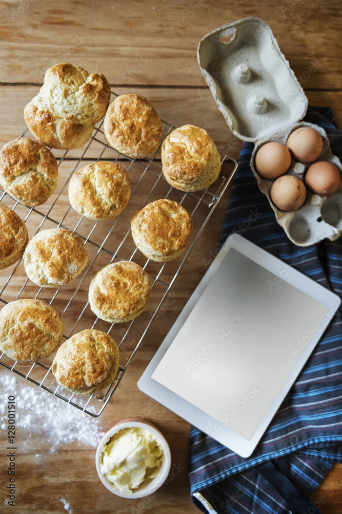 Baked Scone Pastry Eggs Digital Tablet Mockup Concept