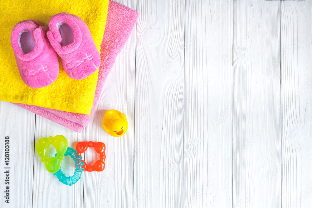 baby accessories for bath on wooden background