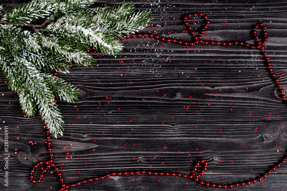 Christmas decorations New Year on dark wooden background top view