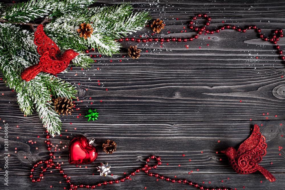 Christmas decorations New Year on dark wooden background top view