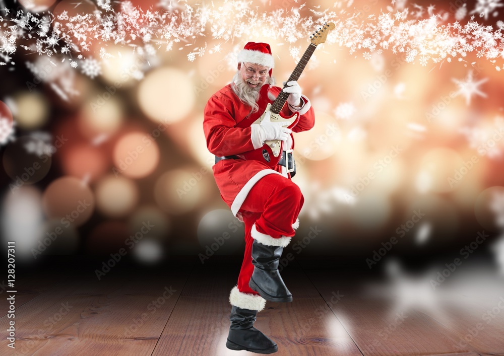 Santa claus playing electric guitar on wooden plank 