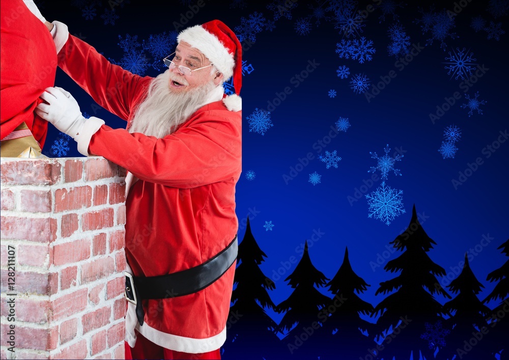 Santa claus placing his gift sack into the chimney