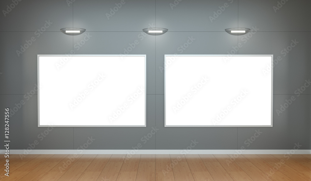 Two white blanks canvas on a wall 3D rendering