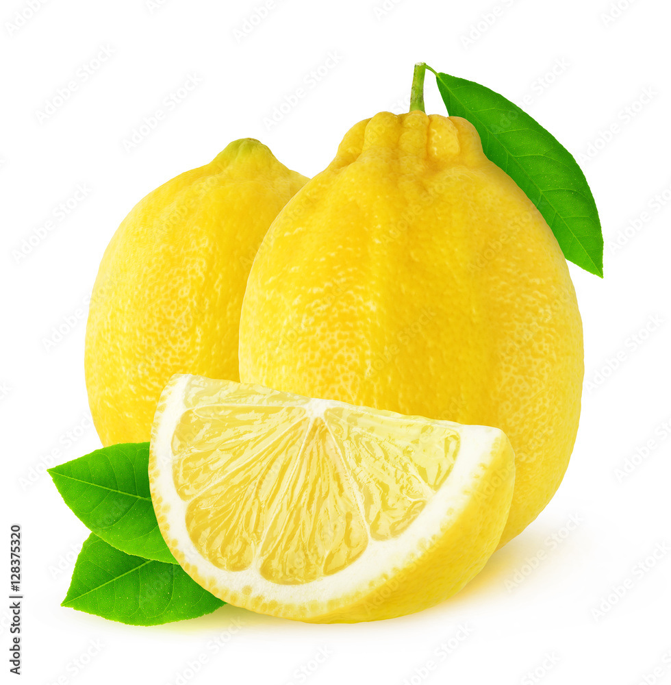 Isolated lemons. Two whole lemon fruits and a slice isolated on white background with clipping path