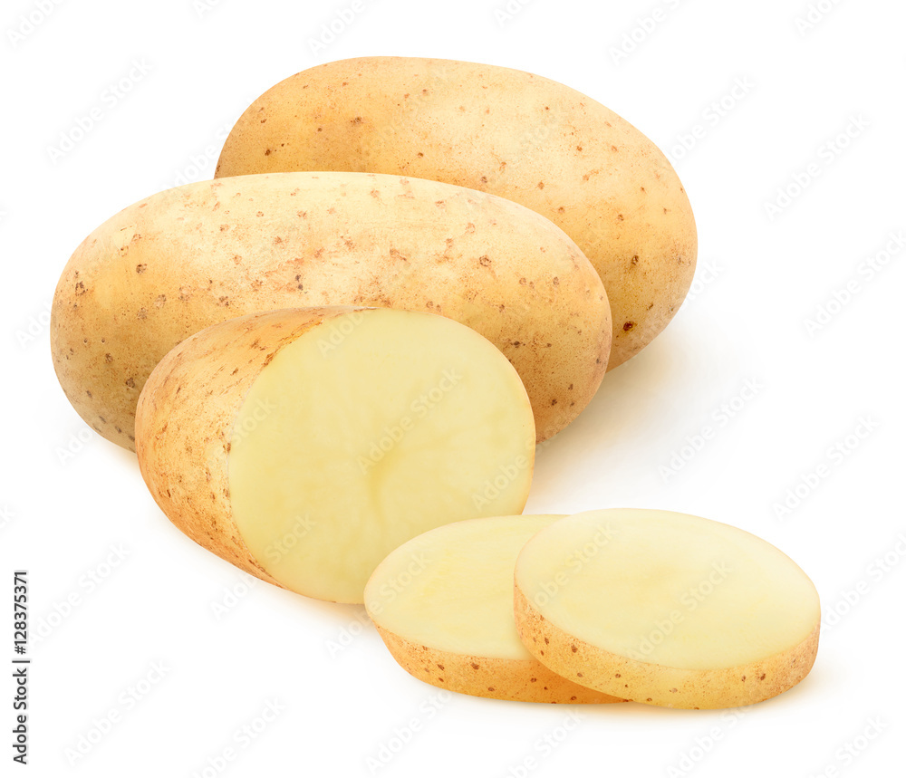 Isolated potato. Whole and cut raw potatoes isolated on white background with clipping path