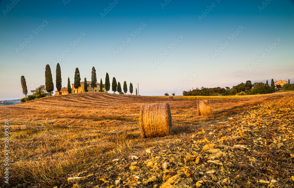 Traditional farm house in Tuscany at sunset, Val dOrcia, Italy