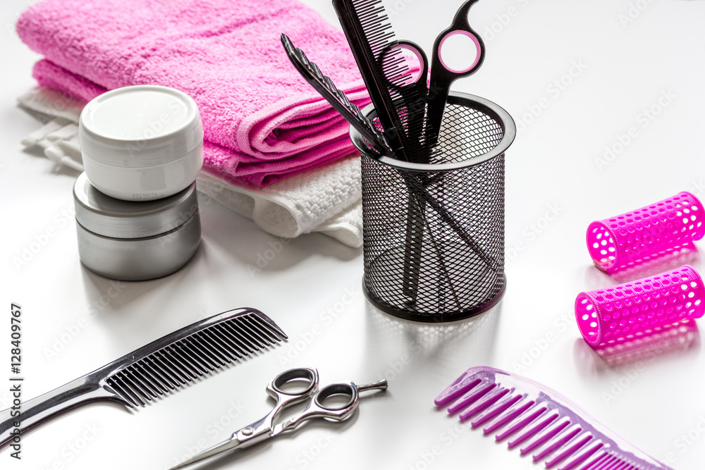 hairdresser working desk preparation for cutting hair